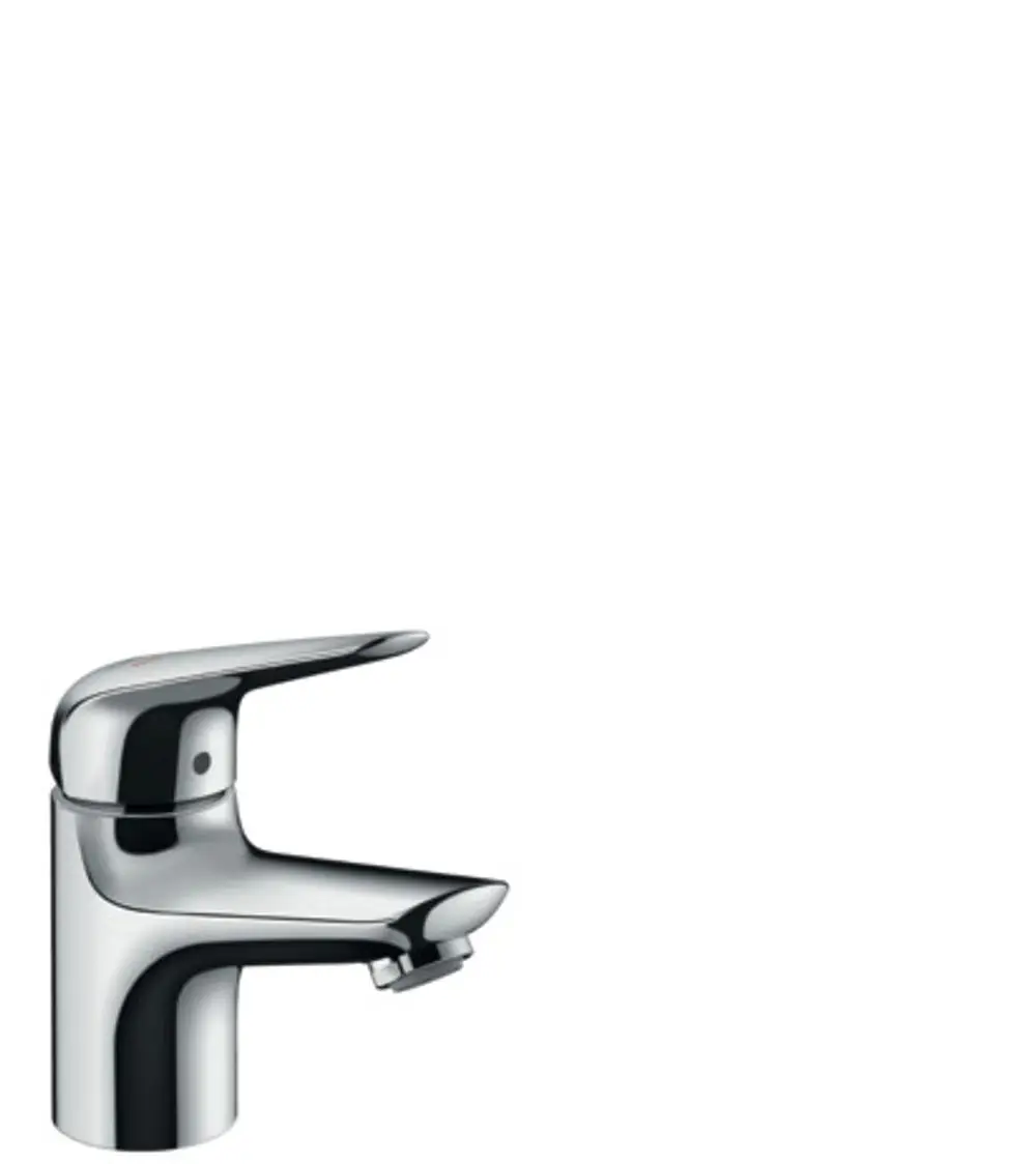 Hochglänzender Einhebelmischer aus Chrom, gefertigt von Hansgrohe, mit einem modernen, flachen Auslauf und einer Push-Open Ablaufgarnitur.